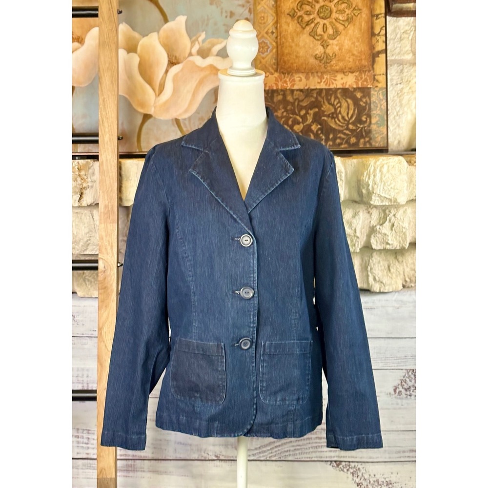 Denim & Co Womens Medium Dark Wash Stretch Denim 3-Button Blazer Jacket